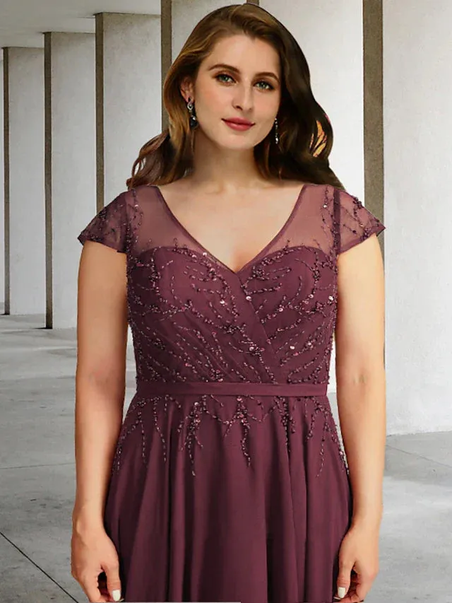 A-Line Plus Size Curve Mother of the Bride Dresses Elegant Dress Formal Floor Length Short Sleeve V Neck Chiffon with Pleats Beading
