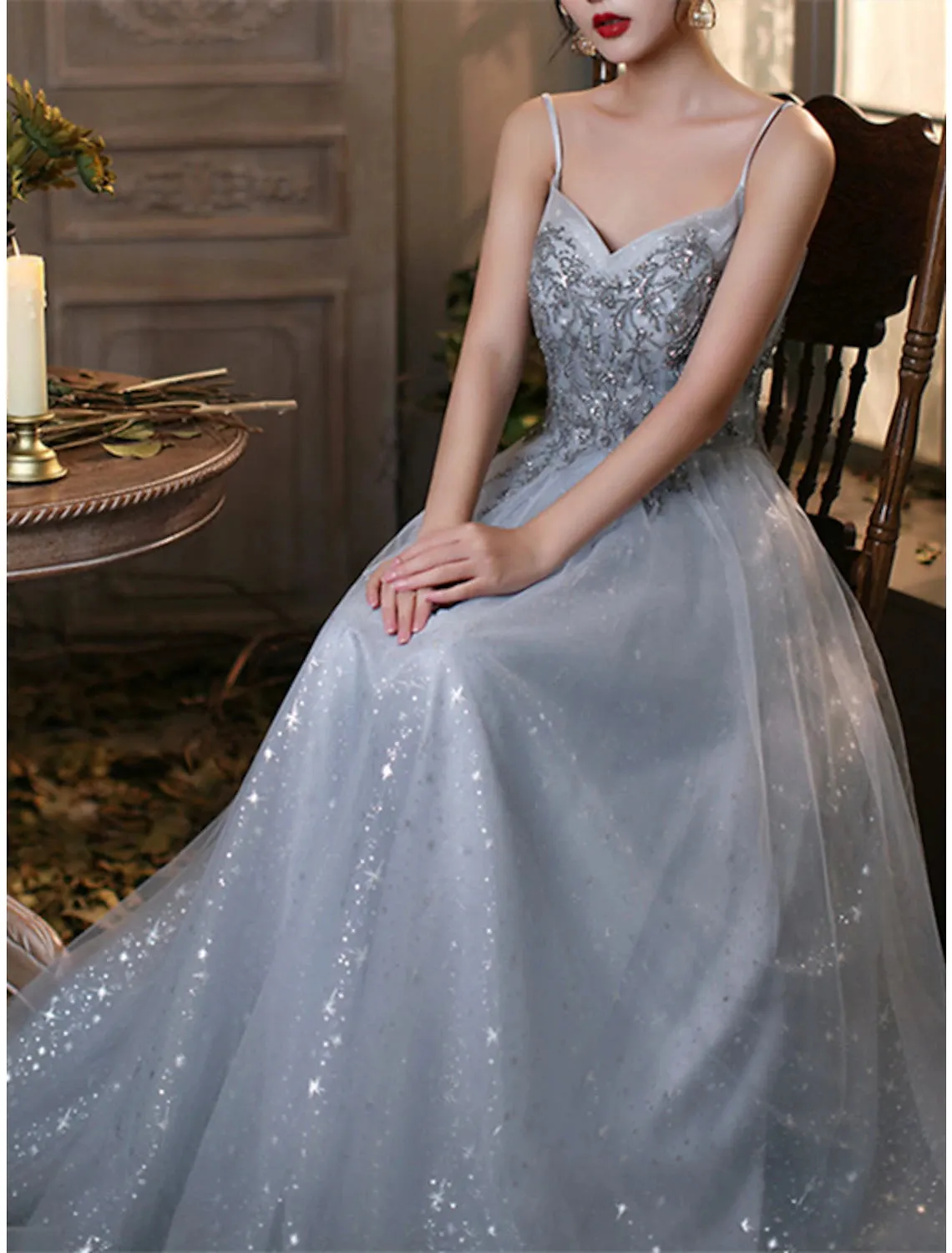 A-Line Prom Dresses Elegant Dress Wedding Guest Prom Floor Length Sleeveless Spaghetti Strap Tulle with Pleats Beading