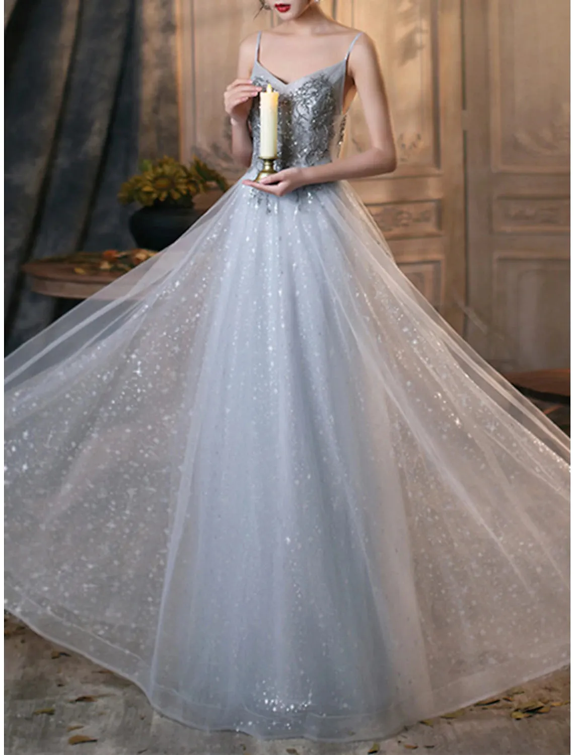 A-Line Prom Dresses Elegant Dress Wedding Guest Prom Floor Length Sleeveless Spaghetti Strap Tulle with Pleats Beading