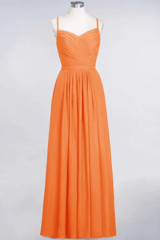 A-Line Spaghetti-Straps Sweetheart Sleeveless Bridesmaid Dress Ruffles Chiffon Evening Maxi Gown
