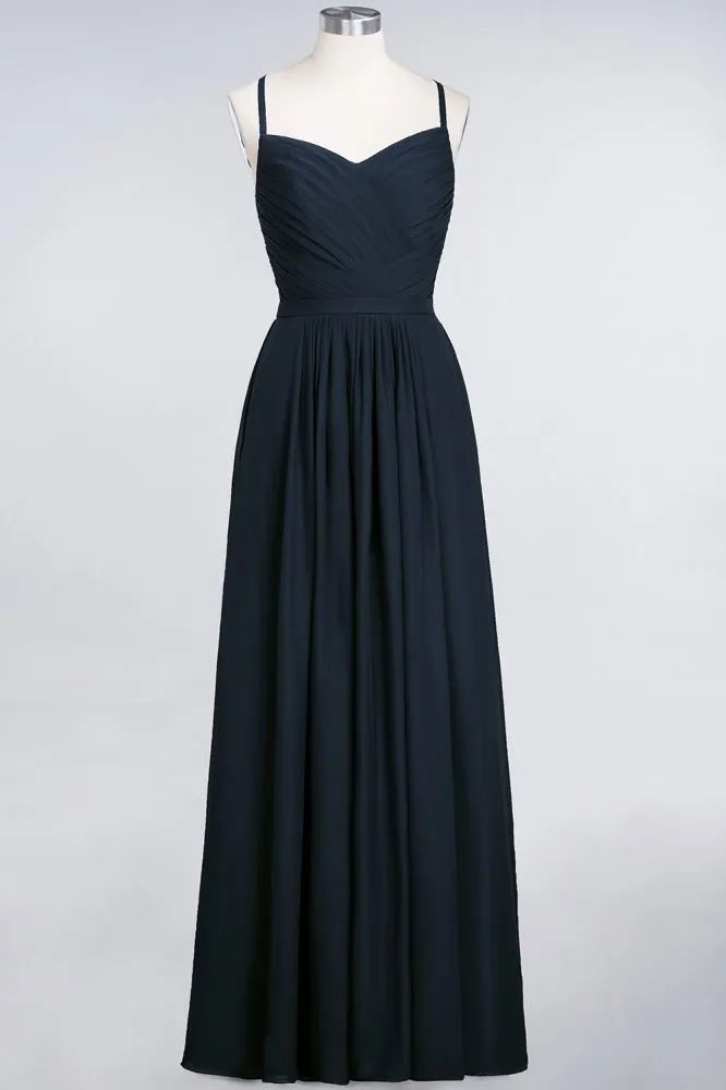A-Line Spaghetti-Straps Sweetheart Sleeveless Bridesmaid Dress Ruffles Chiffon Evening Maxi Gown