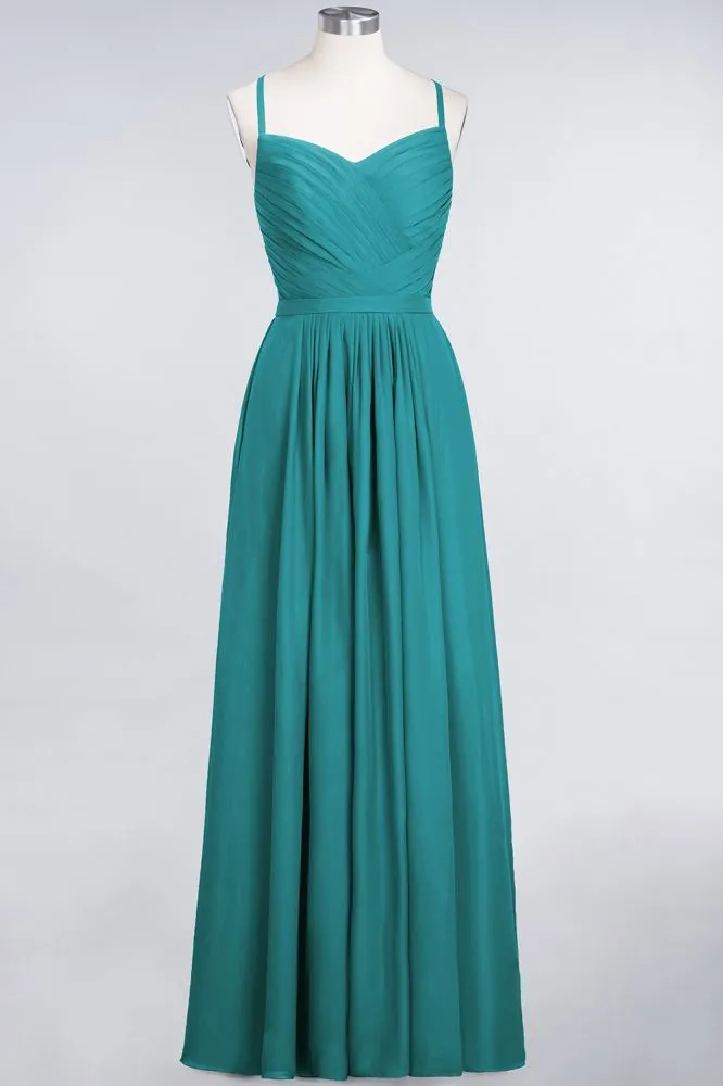 A-Line Spaghetti-Straps Sweetheart Sleeveless Bridesmaid Dress Ruffles Chiffon Evening Maxi Gown