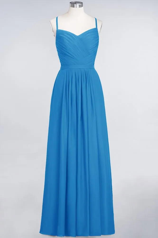 A-Line Spaghetti-Straps Sweetheart Sleeveless Bridesmaid Dress Ruffles Chiffon Evening Maxi Gown