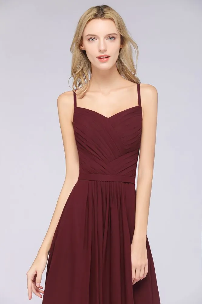 A-Line Spaghetti-Straps Sweetheart Sleeveless Bridesmaid Dress Ruffles Chiffon Evening Maxi Gown