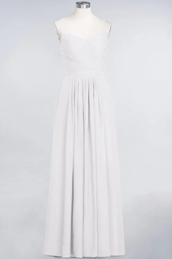 A-Line Spaghetti-Straps Sweetheart Sleeveless Bridesmaid Dress Ruffles Chiffon Evening Maxi Gown