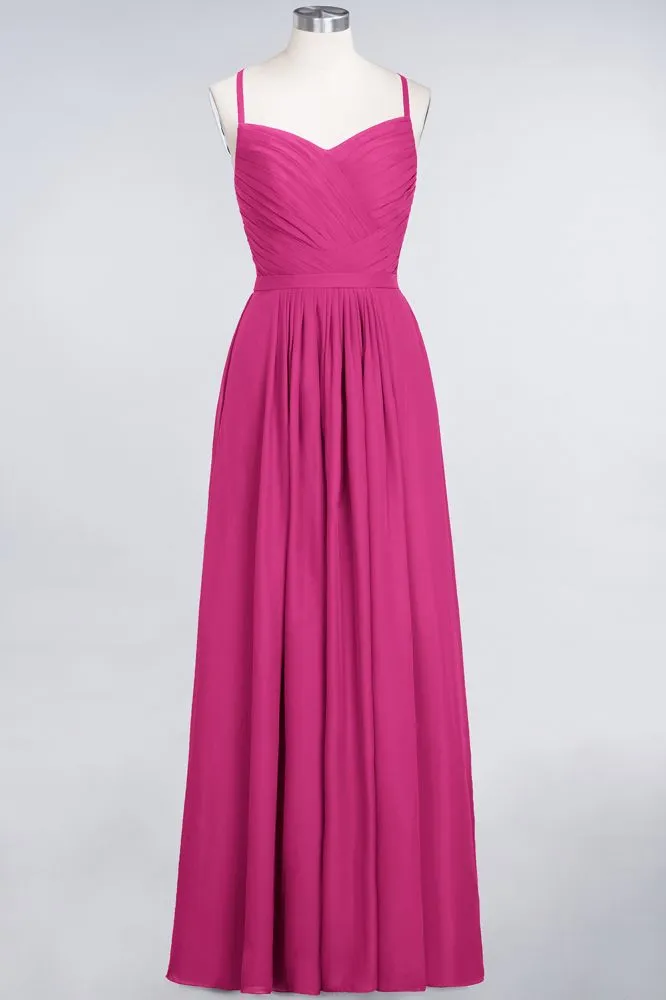 A-Line Spaghetti-Straps Sweetheart Sleeveless Bridesmaid Dress Ruffles Chiffon Evening Maxi Gown