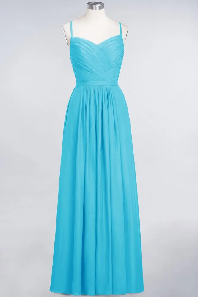 A-Line Spaghetti-Straps Sweetheart Sleeveless Bridesmaid Dress Ruffles Chiffon Evening Maxi Gown