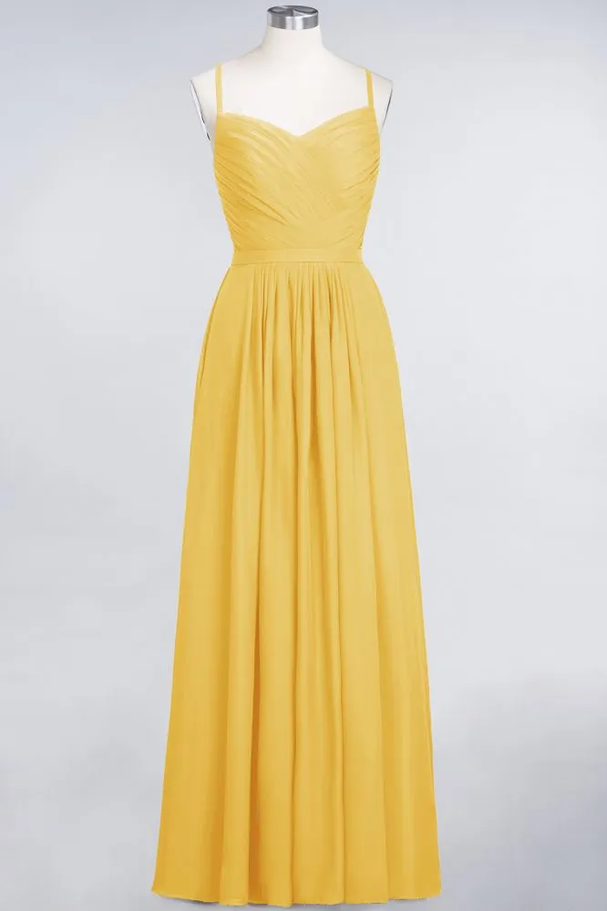 A-Line Spaghetti-Straps Sweetheart Sleeveless Bridesmaid Dress Ruffles Chiffon Evening Maxi Gown