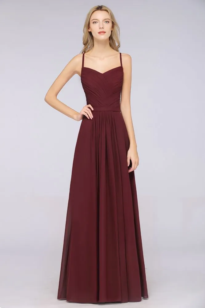 A-Line Spaghetti-Straps Sweetheart Sleeveless Bridesmaid Dress Ruffles Chiffon Evening Maxi Gown