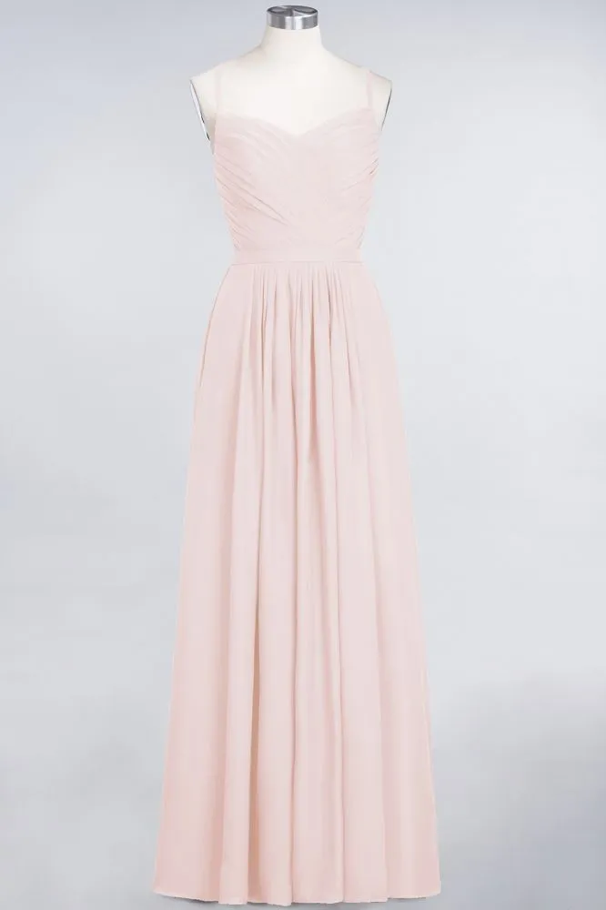 A-Line Spaghetti-Straps Sweetheart Sleeveless Bridesmaid Dress Ruffles Chiffon Evening Maxi Gown