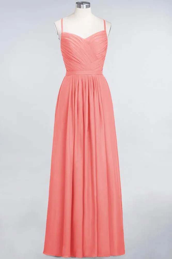 A-Line Spaghetti-Straps Sweetheart Sleeveless Bridesmaid Dress Ruffles Chiffon Evening Maxi Gown