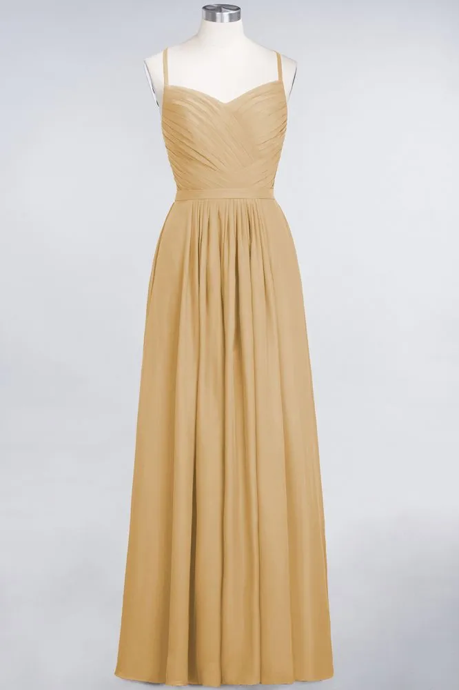 A-Line Spaghetti-Straps Sweetheart Sleeveless Bridesmaid Dress Ruffles Chiffon Evening Maxi Gown