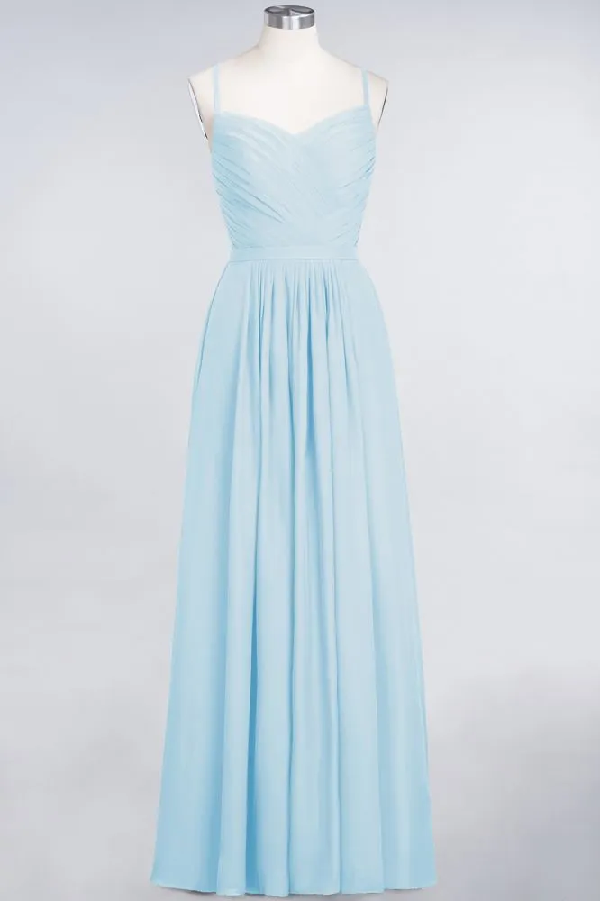 A-Line Spaghetti-Straps Sweetheart Sleeveless Bridesmaid Dress Ruffles Chiffon Evening Maxi Gown