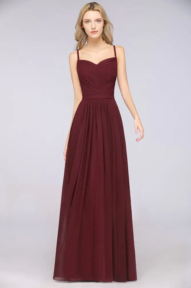 A-Line Spaghetti-Straps Sweetheart Sleeveless Bridesmaid Dress Ruffles Chiffon Evening Maxi Gown