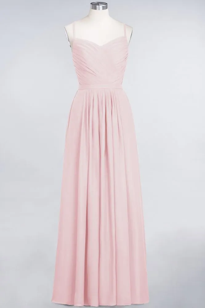 A-Line Spaghetti-Straps Sweetheart Sleeveless Bridesmaid Dress Ruffles Chiffon Evening Maxi Gown