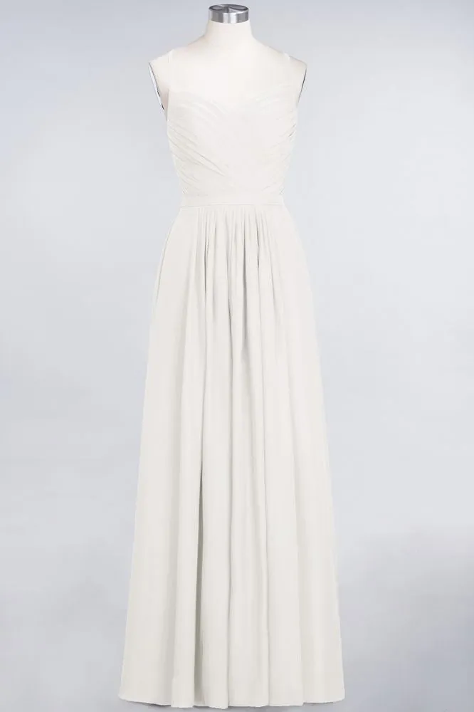 A-Line Spaghetti-Straps Sweetheart Sleeveless Bridesmaid Dress Ruffles Chiffon Evening Maxi Gown