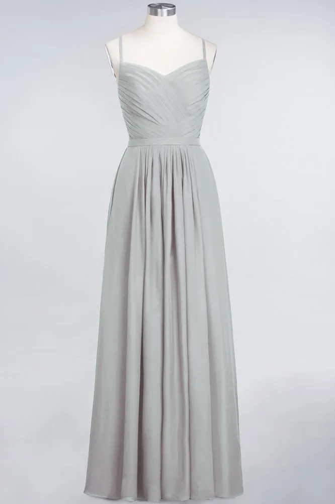 A-Line Spaghetti-Straps Sweetheart Sleeveless Bridesmaid Dress Ruffles Chiffon Evening Maxi Gown