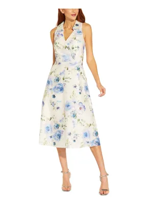 ADRIANNA PAPELL Womens Ivory Zippered Lined Floral Sleeveless V Neck Midi Wear To Work Fit   Flare Dress