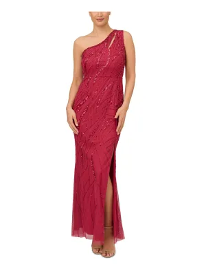 ADRIANNA PAPELL Womens Red Zippered Lined Side Slit Sleeveless Asymmetrical Neckline Full-Length Evening Gown Dress