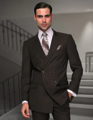 APPLE GREEN SOLID COLOR SUIT. 3PC MODERN FIT FLAT FRONT PANTS WITH DOUBLE BREASTED VEST. SUPER 180'S ITALIAN WOOL | TZD-100-Brown