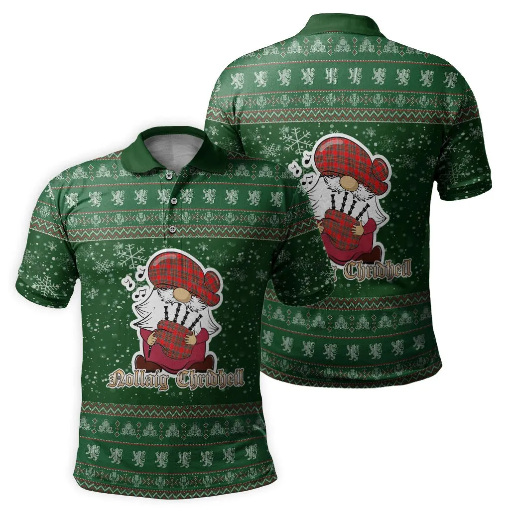 Binning Clan Christmas Family Polo Shirt with Funny Gnome Playing Bagpipes