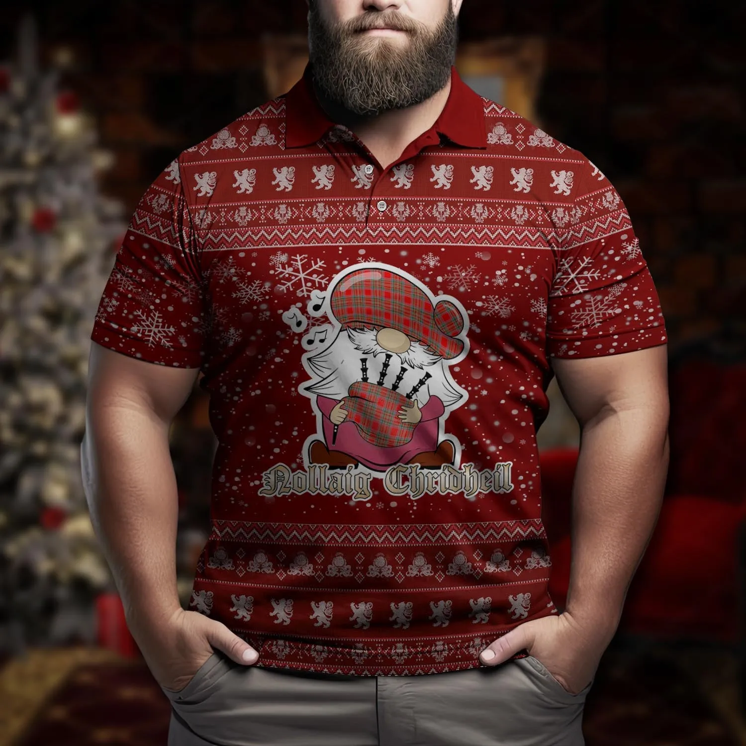 Binning Clan Christmas Family Polo Shirt with Funny Gnome Playing Bagpipes