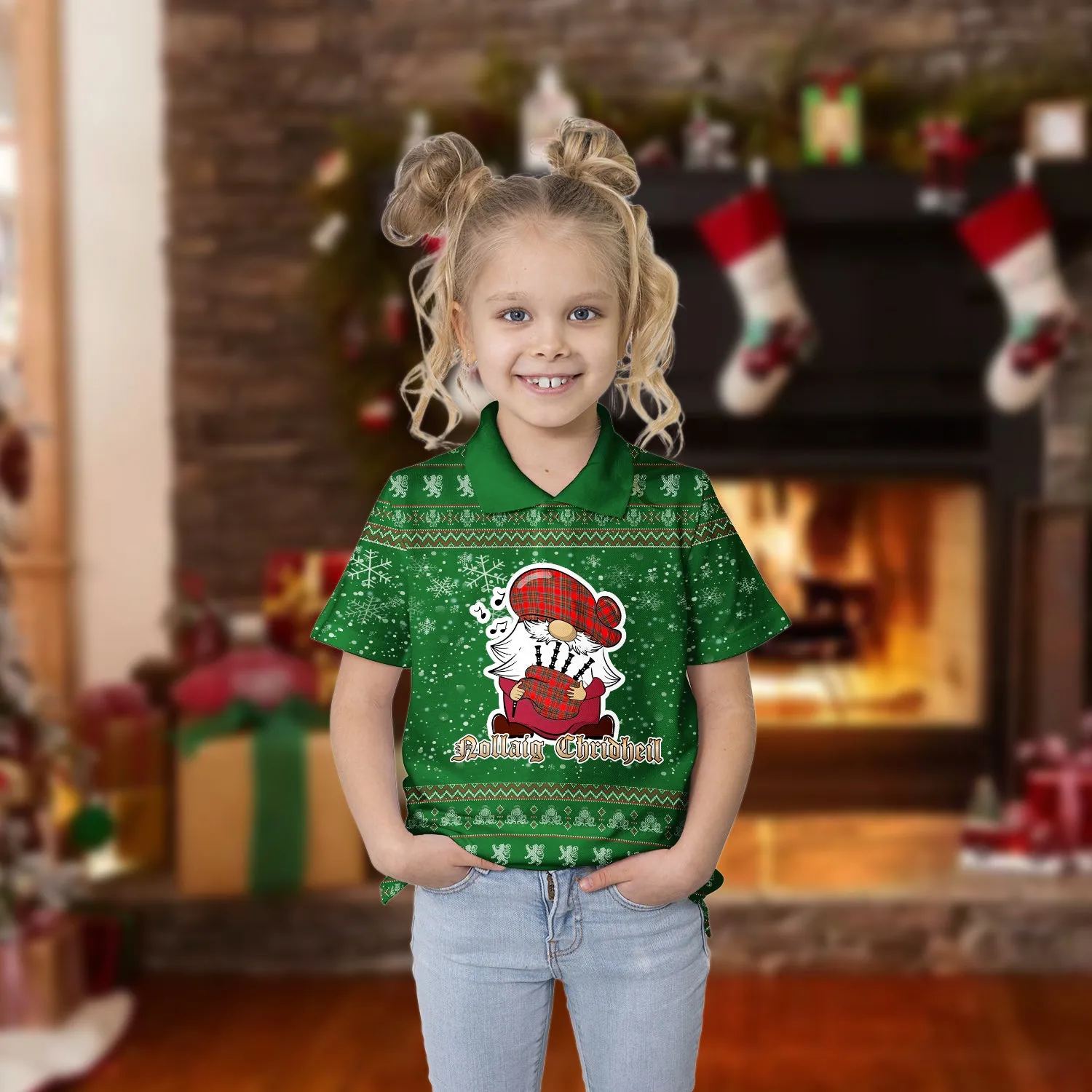 Binning Clan Christmas Family Polo Shirt with Funny Gnome Playing Bagpipes