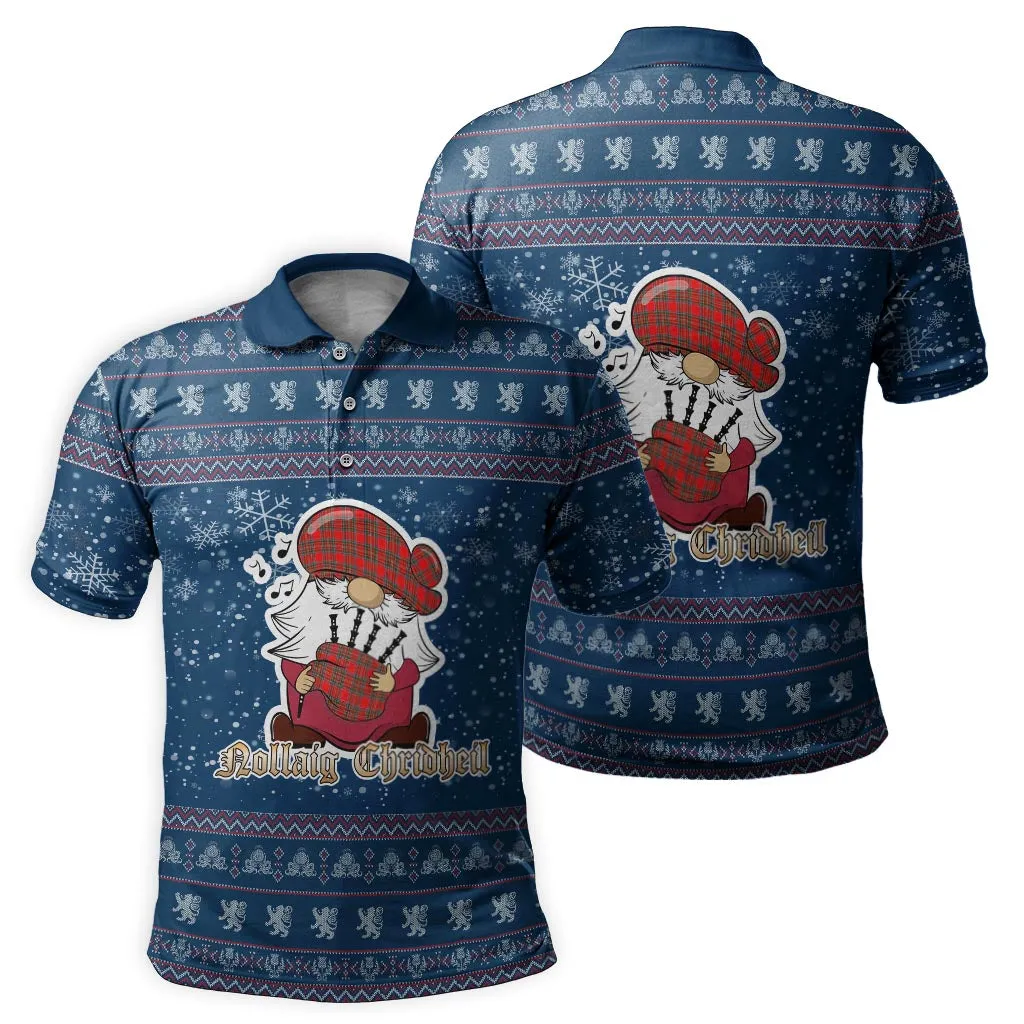 Binning Clan Christmas Family Polo Shirt with Funny Gnome Playing Bagpipes