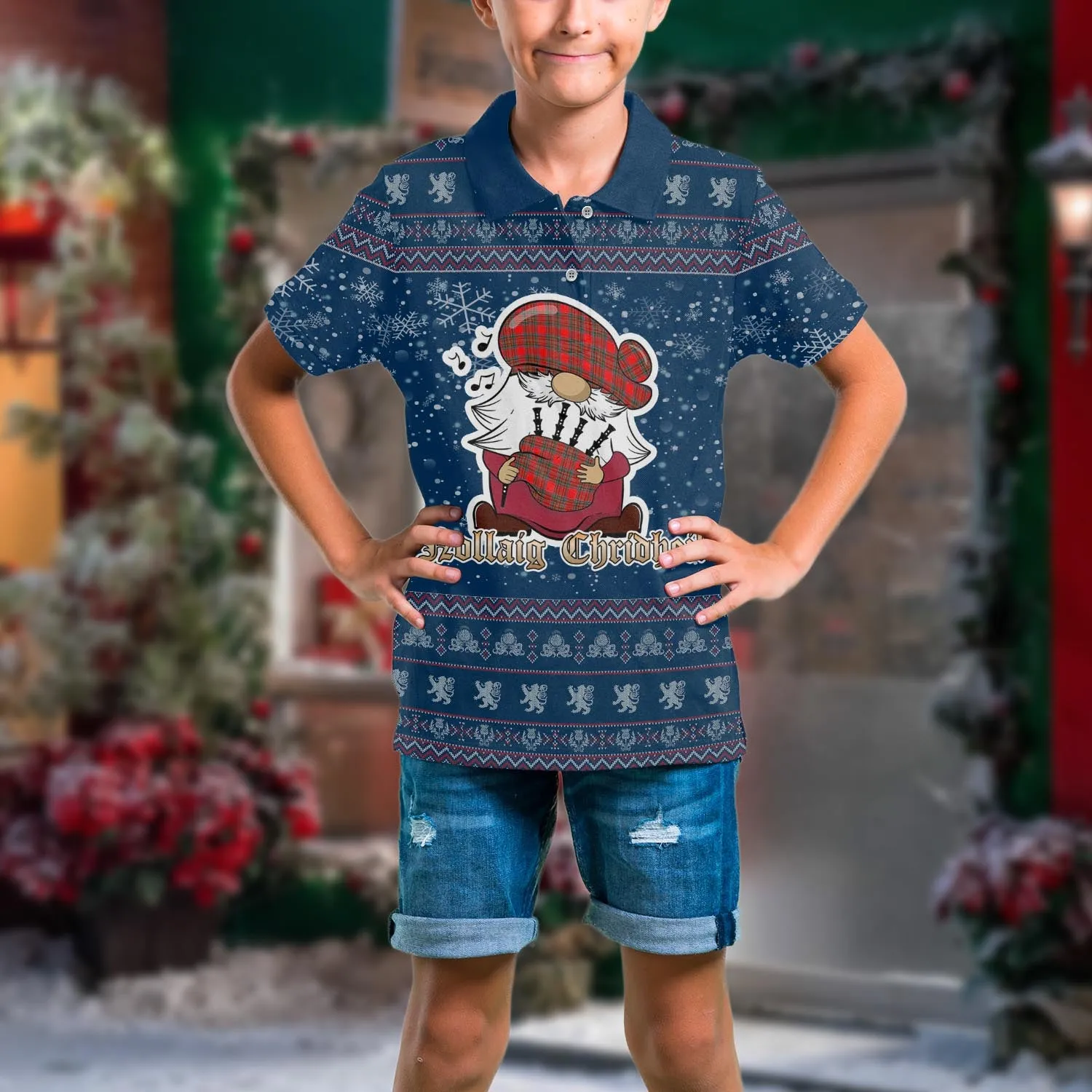 Binning Clan Christmas Family Polo Shirt with Funny Gnome Playing Bagpipes