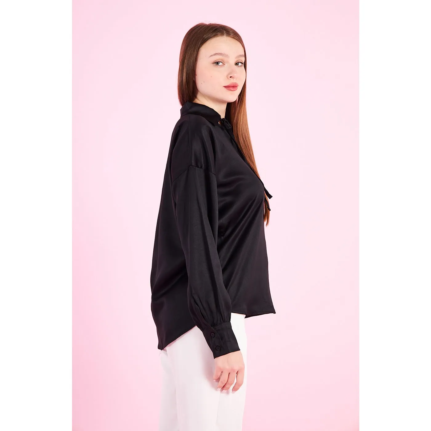 Black Knotted Collar Satin Top