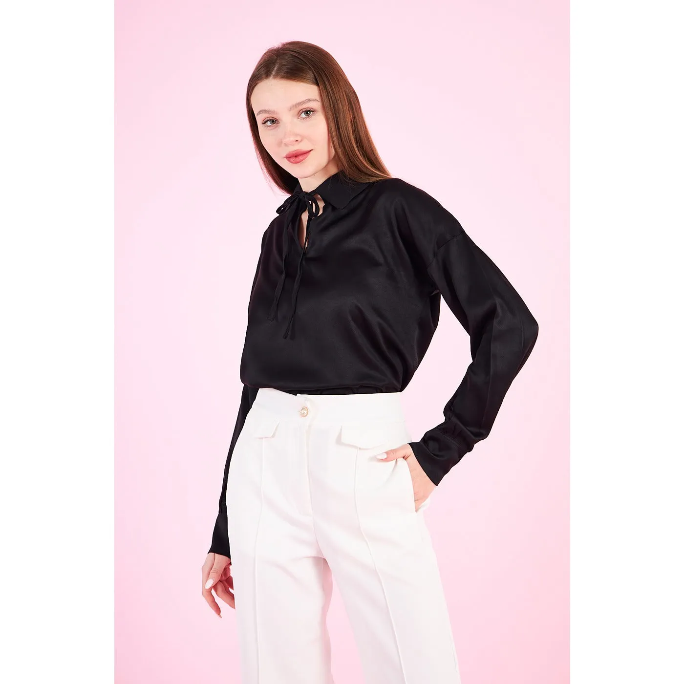 Black Knotted Collar Satin Top
