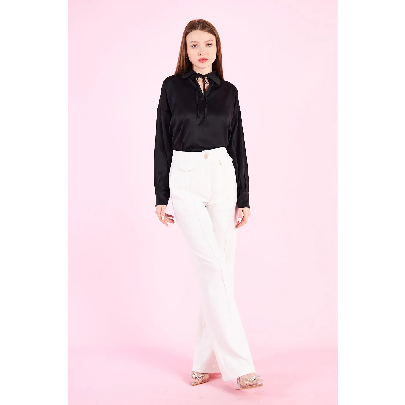 Black Knotted Collar Satin Top