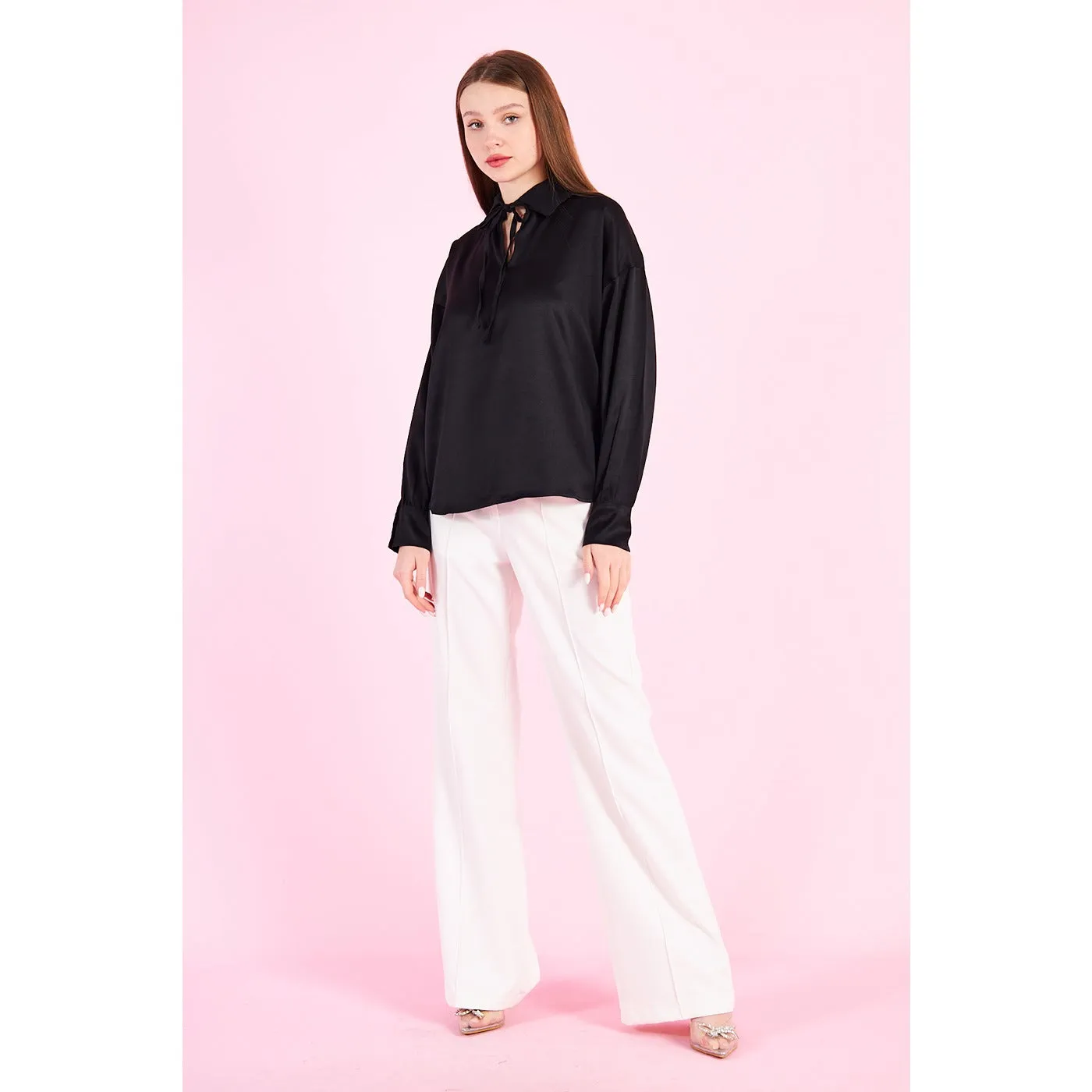 Black Knotted Collar Satin Top