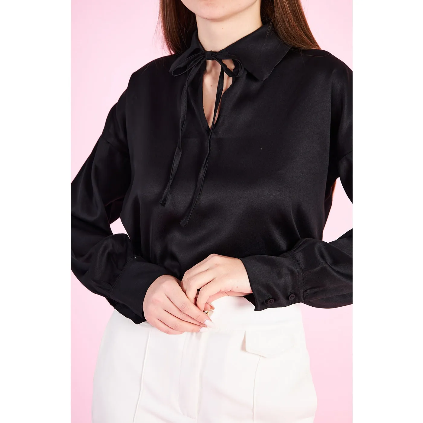 Black Knotted Collar Satin Top