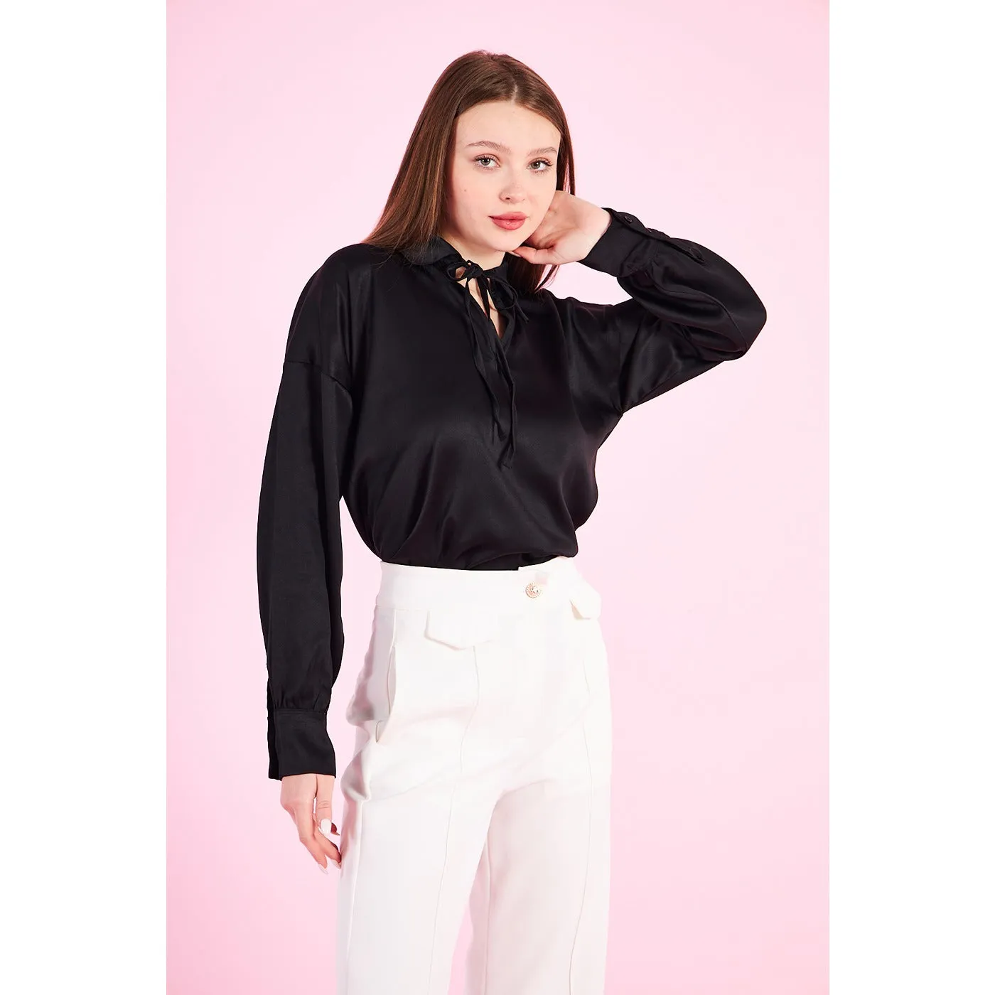 Black Knotted Collar Satin Top