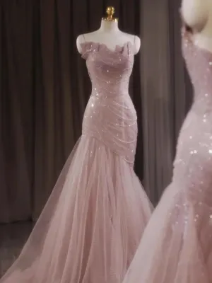 Girlary Rose Pink Mermaid Evening Dresses Pleat Asymmetry Chain Shiny Sequined Long Slim Fairy French Celebrity Prom Party Gowns Woman