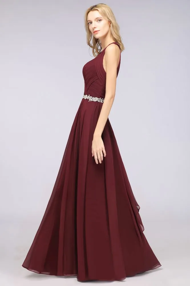 Halter V-Neck Sleeveless Ruffle Bridesmaid Dress with Appliques Sashes Evening Swing Dress