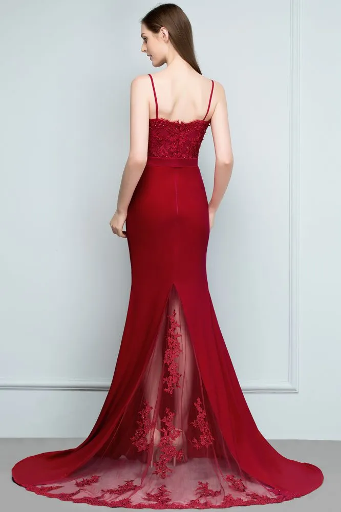 Mermaid Charmeuse Lace Spaghetti-Straps Sweetheart Sleeveless Floor-Length Bridesmaid Dresses with Beads