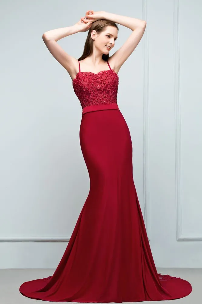 Mermaid Charmeuse Lace Spaghetti-Straps Sweetheart Sleeveless Floor-Length Bridesmaid Dresses with Beads