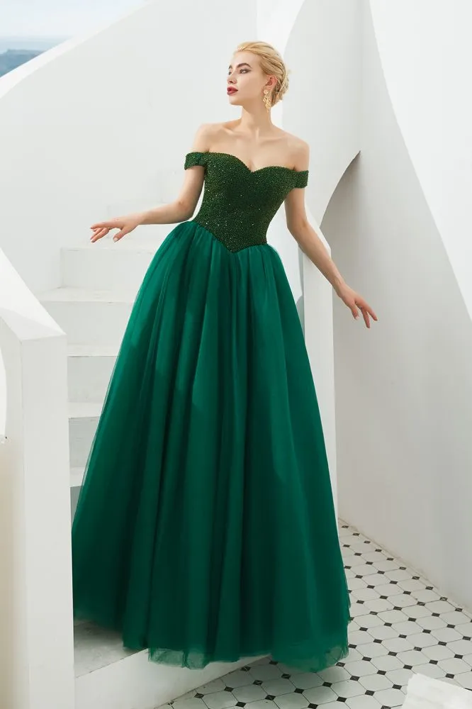 Off the Shoulder aline Princess Ball Gown Tulle Floor Length Beadings Party Gown Lace-up