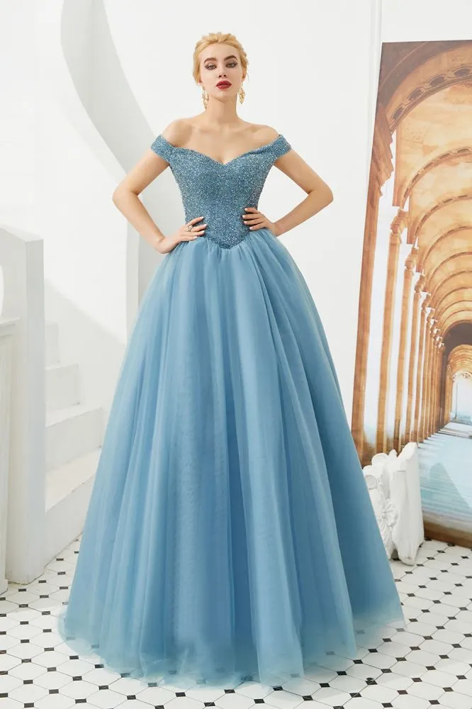 Off the Shoulder aline Princess Ball Gown Tulle Floor Length Beadings Party Gown Lace-up