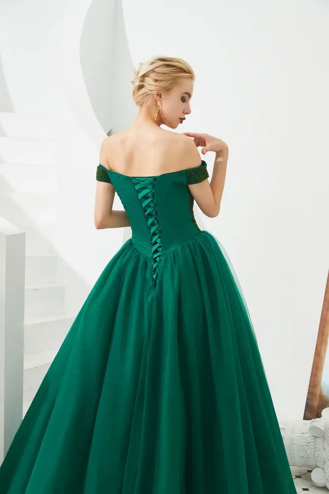 Off the Shoulder aline Princess Ball Gown Tulle Floor Length Beadings Party Gown Lace-up