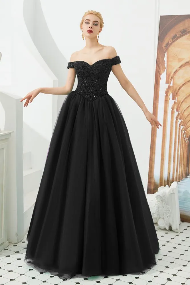 Off the Shoulder aline Princess Ball Gown Tulle Floor Length Beadings Party Gown Lace-up
