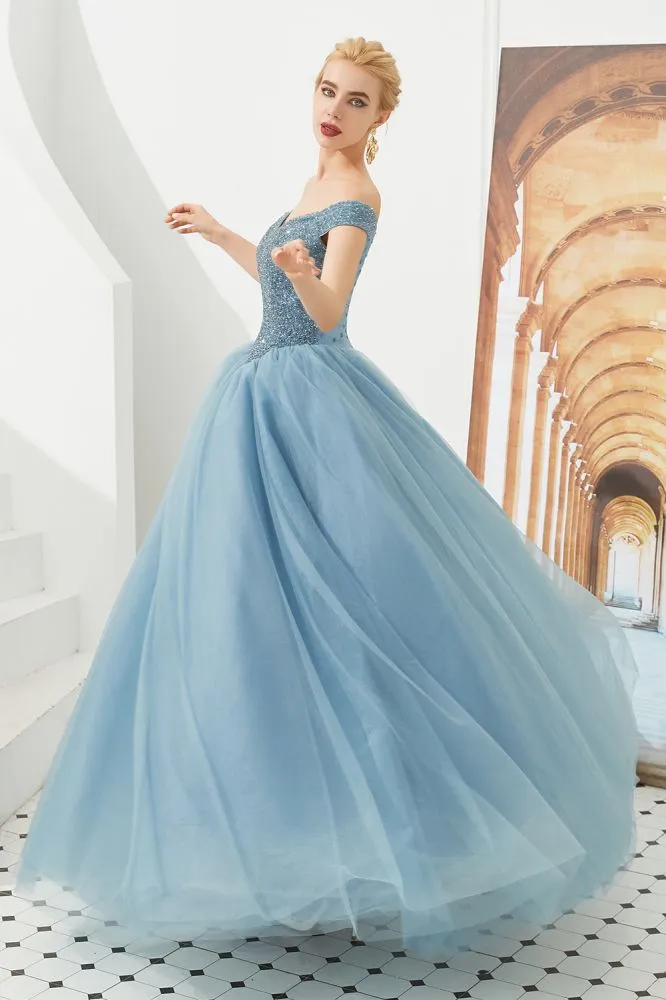 Off the Shoulder aline Princess Ball Gown Tulle Floor Length Beadings Party Gown Lace-up