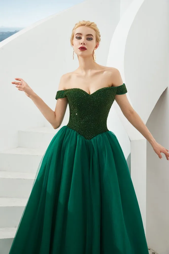 Off the Shoulder aline Princess Ball Gown Tulle Floor Length Beadings Party Gown Lace-up