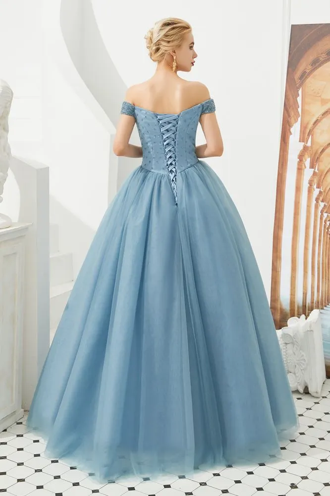 Off the Shoulder aline Princess Ball Gown Tulle Floor Length Beadings Party Gown Lace-up