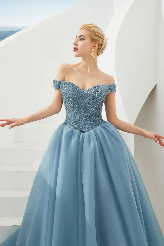 Off the Shoulder aline Princess Ball Gown Tulle Floor Length Beadings Party Gown Lace-up