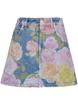 Pastel Roses Print Denim Mini Skirt