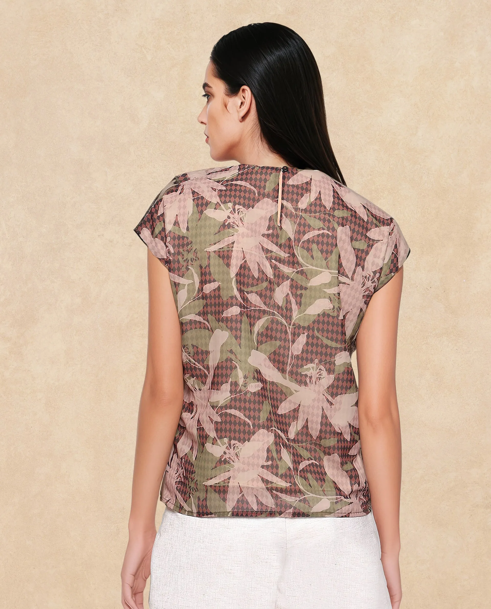 Rareism Women Ginga Multi Polyester Fabric Extended Sleeves Crew Neck Button Closure Leaf Print Top