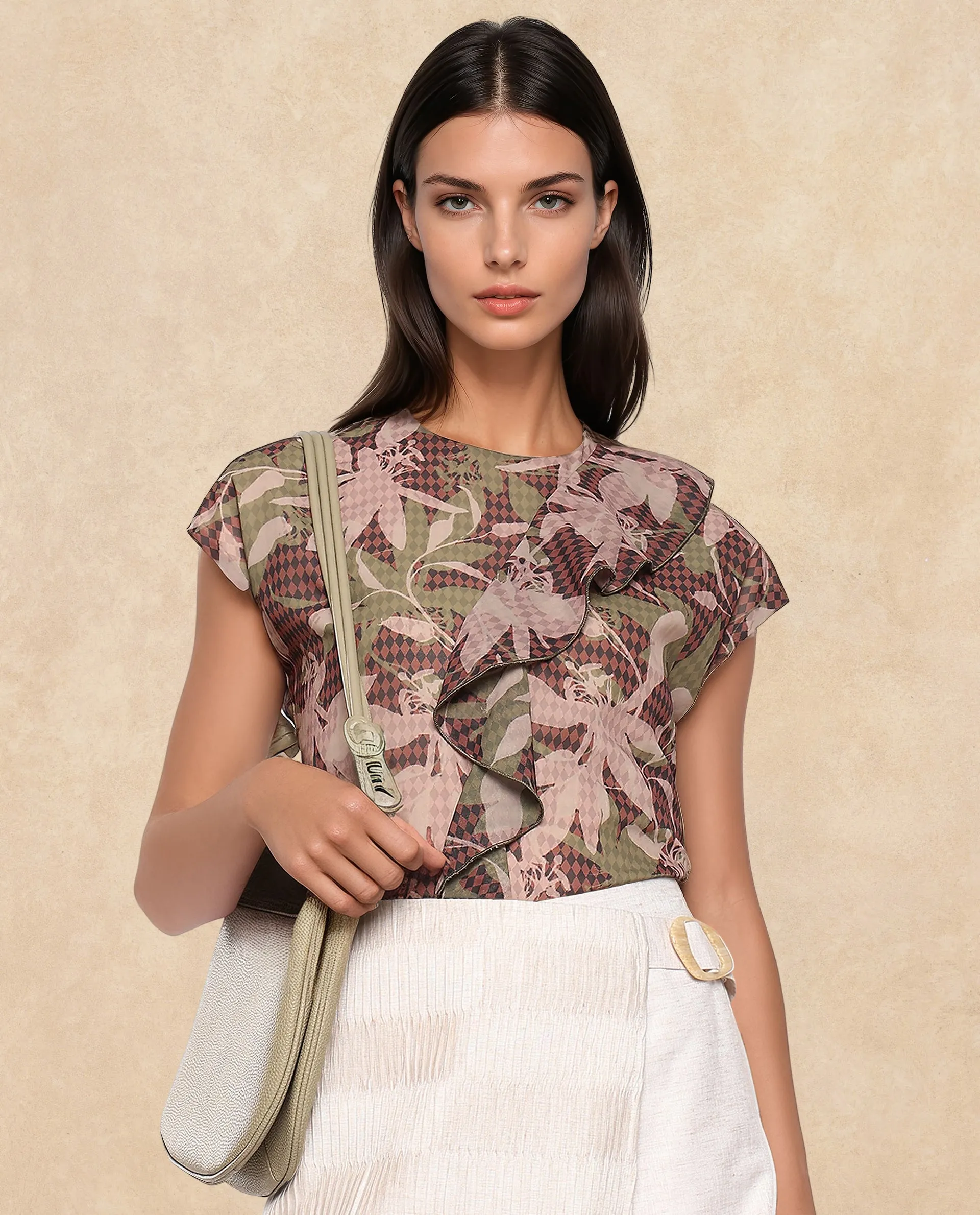 Rareism Women Ginga Multi Polyester Fabric Extended Sleeves Crew Neck Button Closure Leaf Print Top